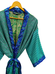 Túnica India Floral Seda Sari Kimono Vintage Sari Robe Suave Playa Fiesta Vestido Indio Hecho A Mano Seda Kimono - Product Image 3