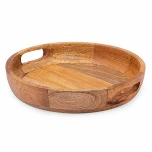 Handmade <b>Round</b> Solid Wood <b>Serving</b> <b>Tray</b> with Handle Customizable Design & Logo High Standard Quality Made in India - Product Image 1