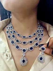 Ensemble de collier de mariée à trois rangs en diamant américain taille étoile avec boucles d'oreilles, ensemble de bijoux de luxe parfait pour les soirées, les mariages - Product Image 2