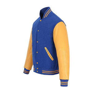 Veste universitaire unisexe bleue et jaune, corps en laine, manches en cuir, col et poignets rayés, logo personnalisé, style baseball - Product Image 2
