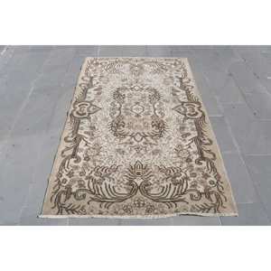 พรมตุรกีวินเทจขนาด 4x6.4 ฟุต, พรมปูพื้น, พรมขนสัตว์สีน้ำตาล - Product Image 1