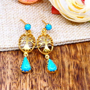 Atractiva Plata de Ley 925 chapada en oro forma de gota piedras preciosas turquesas elegantes pendientes colgantes de moda - Product Image 3