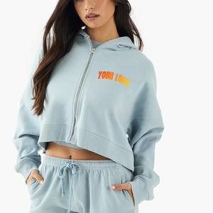 Wholesale Plus Size Full <b>Zip</b> <b>Hooded</b> Women's Crop Hoodie Custom Front DTF Printed Logo Casual Knitted Comfortable 100% Cotton - Product Image 6