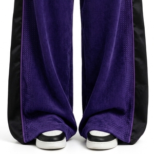 Pantalon large en velours côtelé 100 % coton léger personnalisé pour femme, coupe décontractée, taille à cordon, empiècements latéraux contrastants, style streetwear - Product Image 5