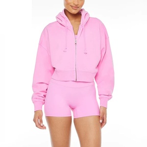 Sudadera con capucha recortada con cremallera elegante, sudaderas personalizables con tinte rosa para invierno, sudaderas con capucha cortas con cremallera de algodón para mujer a la moda - Product Image 4