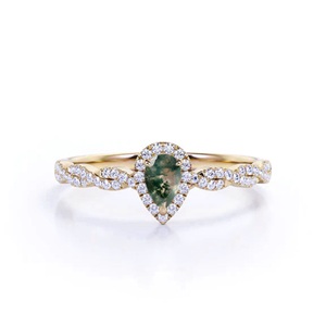 Anillo Halo de ágata musgo de oro macizo de 18 quilates para hombre, anillos de capa entrelazada de diamante creado en laboratorio de corte redondo para mujer - Product Image 2