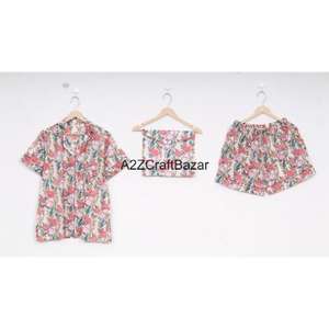 Floral Design <b>Summer</b> Short Sleeve Non Woven <b>Pajama</b> Set Printed 100% Cotton Soft Breathable Sleepwear Daily Wear <b>For</b> Girls - Product Image 4