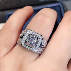 NOVAMART Fine Men's Hallmarked <b>Silver</b> AAA+ Princess Cut <b>Amethyst</b> Geometric Pattern Claw Setting IGI Certified Rhodium <b>Ring</b> - Product Image 1