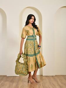 Vente en gros de robe midi de style bohème pour femmes confortable pur 100% coton main bloc imprimé floral respirant tenue décontracté - Product Image 3