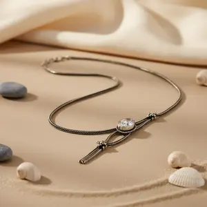 Women's Oxidized Silver Necklace with Clear <b>Crystal</b> Stone Elegant Jewelry Accessory - Product Image 1