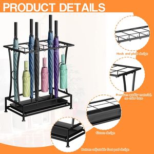 Metal Umbrella Organizer with 6 Hooks Heavy-Duty Umbrella Stand for Indoors & Outdoors Black Industrial Umbrella Holder - Product Image 4