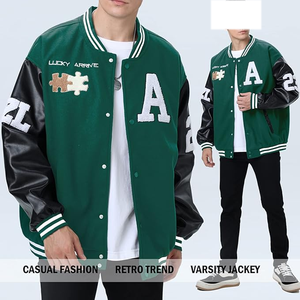 Veste de sport verte pour homme avec broderie lettre A et patch puzzle, manches en simili cuir, style preppy, pour l'automne - Product Image 3