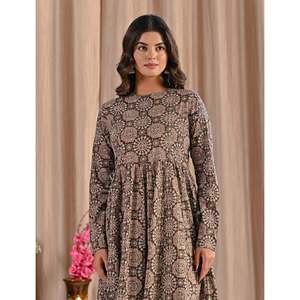 ชุดเดรสอานาร์กาลีผ้าฝ้ายสีเบจพิมพ์ลายด้วยมือแบบปากีสถาน ผ้าจอร์เจตต์สไตล์อินเดีย ซารี ซัลวาร์ คามีซ วิธีการพิมพ์ลายด้วยมือ - Product Image 1