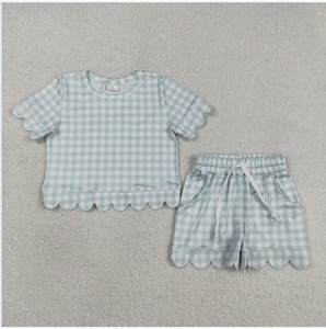 GSSO3184 Ensemble de shorts pour filles à carreaux bleu ciel avec bord festonné - Product Image 3