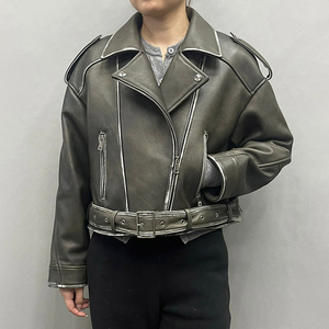 แจ็คเก็ตหนังสไตล์ไบค์เกอร์ขนาดใหญ่พิเศษสำหรับผู้หญิง พร้อมเข็มขัด สไตล์โมโต ซิปแบบวินเทจ - Product Image 3