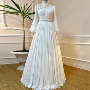Lscz168 White 3D Flowers Muslim Evening Dress For Women Wedding Luxury Dubai Long Sleeve Arabic Bridal Party Gowns