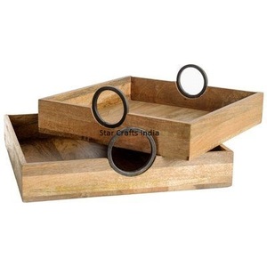 Fabricante y mayorista, Gran bandeja rústica para servir bebidas de café, bandeja de madera y metal con mango de metal, barra para el hogar, bandeja de madera para servir - Product Image 5