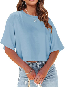 2025 gros femmes décontracté recadrée col rond couleur unie T-Shirt meilleure qualité vêtements de mode conception personnalisée chemise pour femmes - Product Image 3