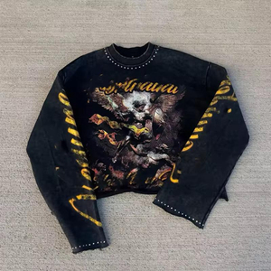 เสื้อยืดคอกลมแขนยาวผ้าฝ้าย100% เทอร์รี่ออกแบบได้ตามต้องการพิมพ์ลาย DTG พร้อมพลอยเทียมทรงโอเวอร์ไซส์ - Product Image 2