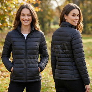 Veste matelassée noire pour femmes, col montant, fermeture éclair sur le devant, détail rayé, manteau d'hiver, vêtements d'extérieur en nylon, respirant, doudounes - Product Image 3