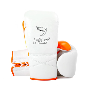 ถุงมือมวยหนังแท้สีขาวส้ม12ออนซ์ออกแบบใหม่มีลายปักสำหรับฝึกซ้อมมวยไทยขนาด16ออนซ์ - Product Image 1