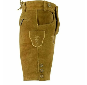 Fait sur mesure hommes Orange genou longueur Lederhosen taille haute bavarois pantalon court daim cuir tissu nouvelles fonctionnalités - Product Image 4