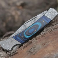 Couteau pliant artisanal en acier Damas et acier au carbone MORTAL SAGA MS-FK-008, lame multifonctionnelle en acier inoxydable pour la randonnée, manche en bois