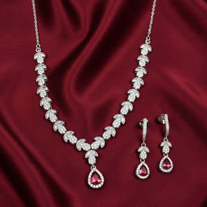 NOVAMART Fine Hallmark Silver Fine Jewelry Set Focused Red <b>Necklace</b> Pear Emerald Cut Diamonds Featuring <b>Ruby</b> Zircon for Wedding - Product Image 2