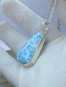 Collier pendentif hexagone en argent sterling 925 Style vintage Larimar bleu géométrique fait à la main pour les femmes cadeau d'anniversaire unique - Product Image 2