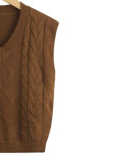 Gilet en tricot sans manches en maille torsadée marron avec col en V classique, tricot doux et chaud, vêtements élégants pour hommes, vêtements d'hiver - Product Image 3