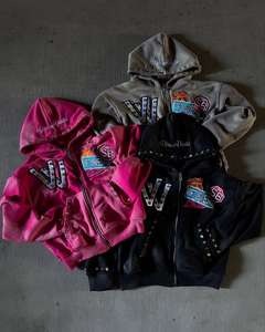 Sudadera con capucha bordada francesa con diamantes de imitación, ropa de calle vintage lavada con ácido y logotipo de diamantes de imitación personalizados - Product Image 1