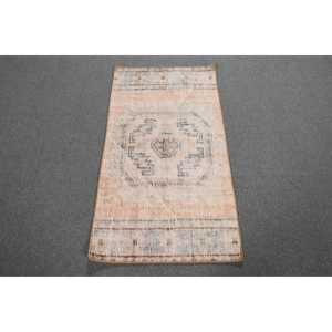 Turkish 2.2x4 ft Rug, Small Vintage Rug, <b>Brown</b> Blue Check <b>Wool</b> Rug - Product Image 1