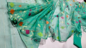 Hot Deal Deshi Dhakai Jamdani Sharee Calidad de exportación para mujeres TELA JAMDANI Azul ROJO VERDE Azul cielo dorado de Bangladesh - Product Image 3