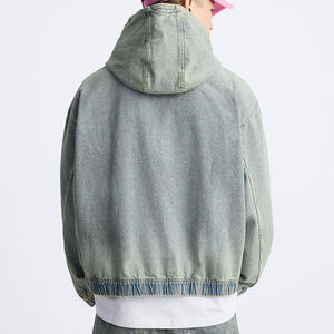 Sudaderas con capucha de mezclilla de diseño personalizado Y2K Streetwear Boxy Fit Oversized Pullover Sudadera con capucha recortada de peso pesado - Product Image 3