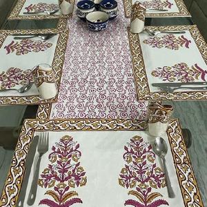 Nouvel arrivage tapis de Table à manger Unique imprimé bloc à main tapis de Table ensemble de 6 dessus de Table en toile et 6 serviettes en coton 1 chemin de Table - Product Image 1