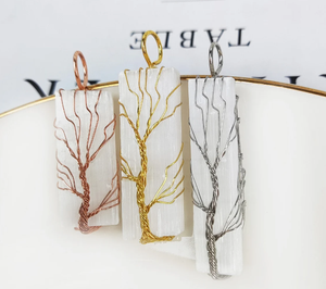 Classique fait à la main fil enroulé arbre de vie charme naturel sélénite bâton pendentif collier or argent placage gypse bijoux - Product Image 4