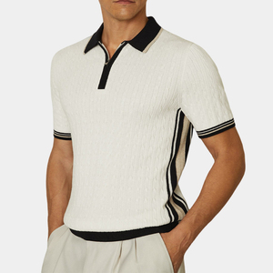 <b>Sweater</b> Factory Oem Odm Men Knitwear White and Black Color Block Cotton Blend Cable Knit Half Zip Knitted Polo <b>Shirt</b> - Product Image 2
