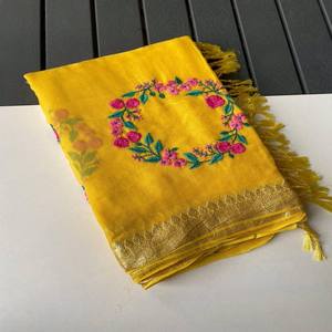 Sari VASTRA COTTAGE de viscosa georgette con bordado de motivos de corona de múltiples hilos, textura suave y fluida, elegante sari de un solo tono. - Product Image 4