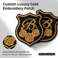 Écussons brodés thermocollants personnalisés, écologiques, de luxe, dorés métalliques, avec motif floral et bouclier, pour blazers, uniformes et vêtements