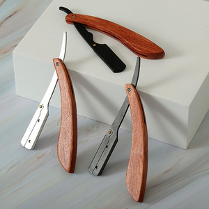 Precio de fábrica Kit de maquinilla de afeitar de garganta con mango de madera Acero inoxidable Premium Hoja única Borde recto para hombres Barber Beard Shaper - Product Image 4