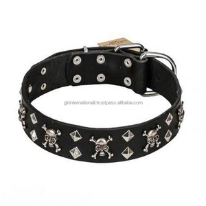Collar de cuero grueso de una sola capa para perros, personalizado, con calaveras de metal, negro o marrón - Product Image 1