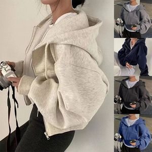 Automne printemps nouveau bleu marine à capuche sweat zippé pour les femmes polyvalent recadrée mince lisse décontracté solide coton tricoté - Product Image 2