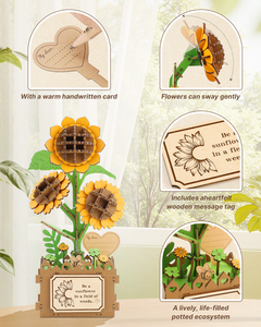 Kit de puzzle en bois 3D Tournesol avec carte de message émouvante, ensemble créatif de construction de bouquets de fleurs DIY pour adultes et enfants de 8 ans et plus - Product Image 3