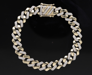 Bracelet cubain pour femme en or jaune 14 carats plaqué rhodium, diamants naturels taille brillant, sertissage pavé, symétrique, 30,65 g - Product Image 1