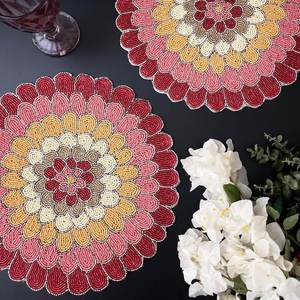 Mantel Individual Floral con cuentas hecho a mano rojo rosa amarillo diseño decorativo con cuentas Mantel y placa de cargador para comedor - Product Image 3
