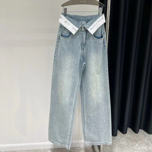 Jean évasé droit personnalisé pour femmes, taille haute, pantalon en denim à jambes minces et larges, perforé et délavé - Product Image 1