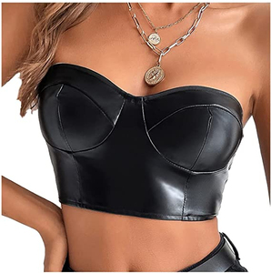 OEM personalizado de la moda de las mujeres Wet-Look negro de cuero de vaca Sexy Strapless Bralette Top de encaje transpirable patrón sólido corto - Product Image 5