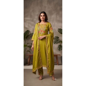 <b>Women's</b> Green Embroidered Crepe <b>Kurta</b> Palazzo Set with Dupatta-Three-Quarter Sleeves - Product Image 1