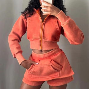 Sudadera con capucha y cremallera en blanco de felpa francesa personalizada, traje para correr con logotipo personalizado, chándales gruesos de algodón 100% para mujer, conjunto de pantalones cortos y Sudadera con capucha - Product Image 4