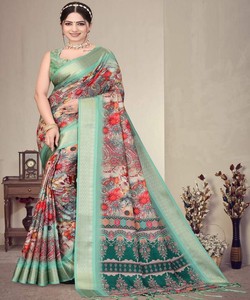 FANTAISIE SOIE IMPRESSION NUMÉRIQUE TRAVAIL À FRONTIÈRE LOURDE SAREE AVEC CHEMISIER NON COUCHÉ VÊTEMENT FESTIF PRIX DE GROS VÊTEMENT ETHNIQUE PISTA - Product Image 1